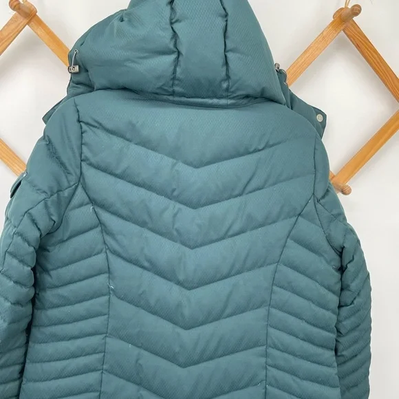 Long Quilted Hooded Down Puffer Coat in Teal - Picture 15 of 15